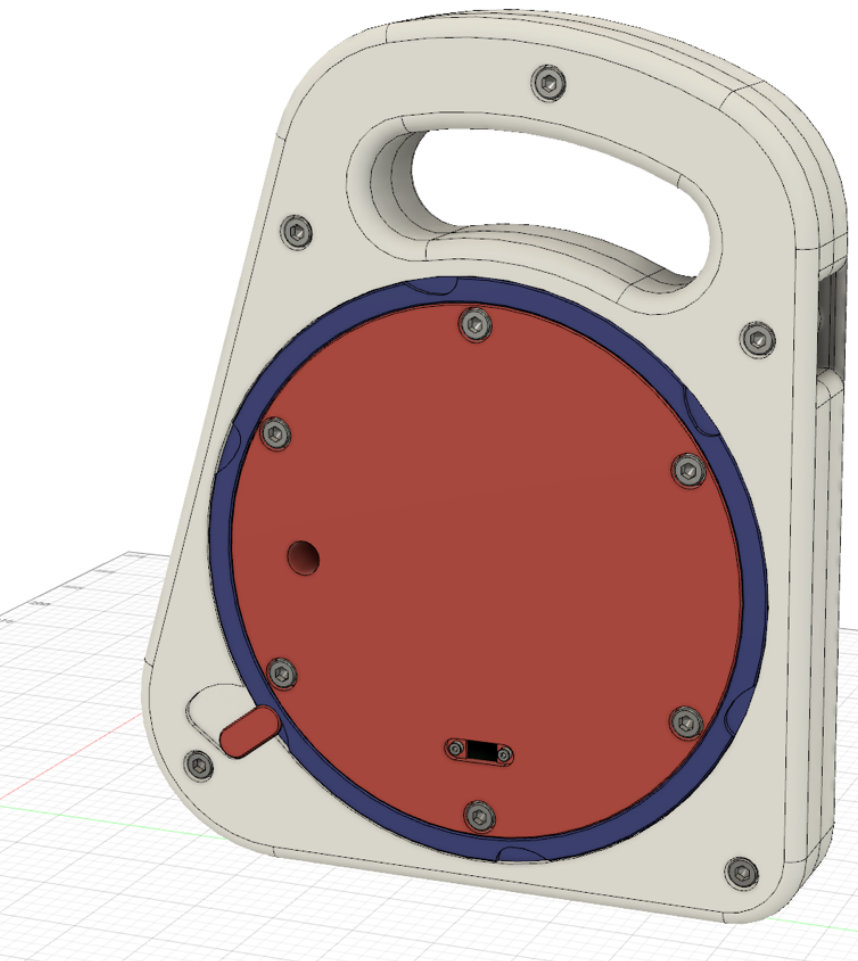 Image of a 3D model of our cable case. The case is about 5 centimeters thick, 20 centimeters high and 15 centimeters wide.